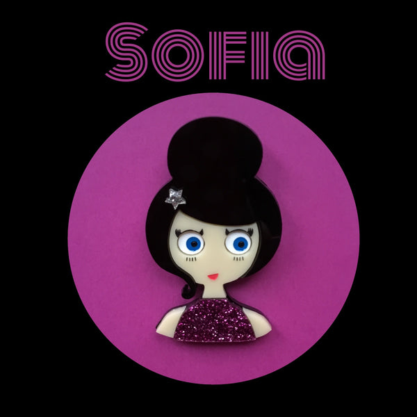 SOFIA Acrylic Brooch, pink glitter dress and silver star hair clip - Isa Duval