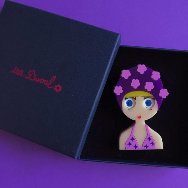 ESTHER Acrylic Brooch - July Limited Edition - Girl with purple bikini and flowers bathing cap - Isa Duval