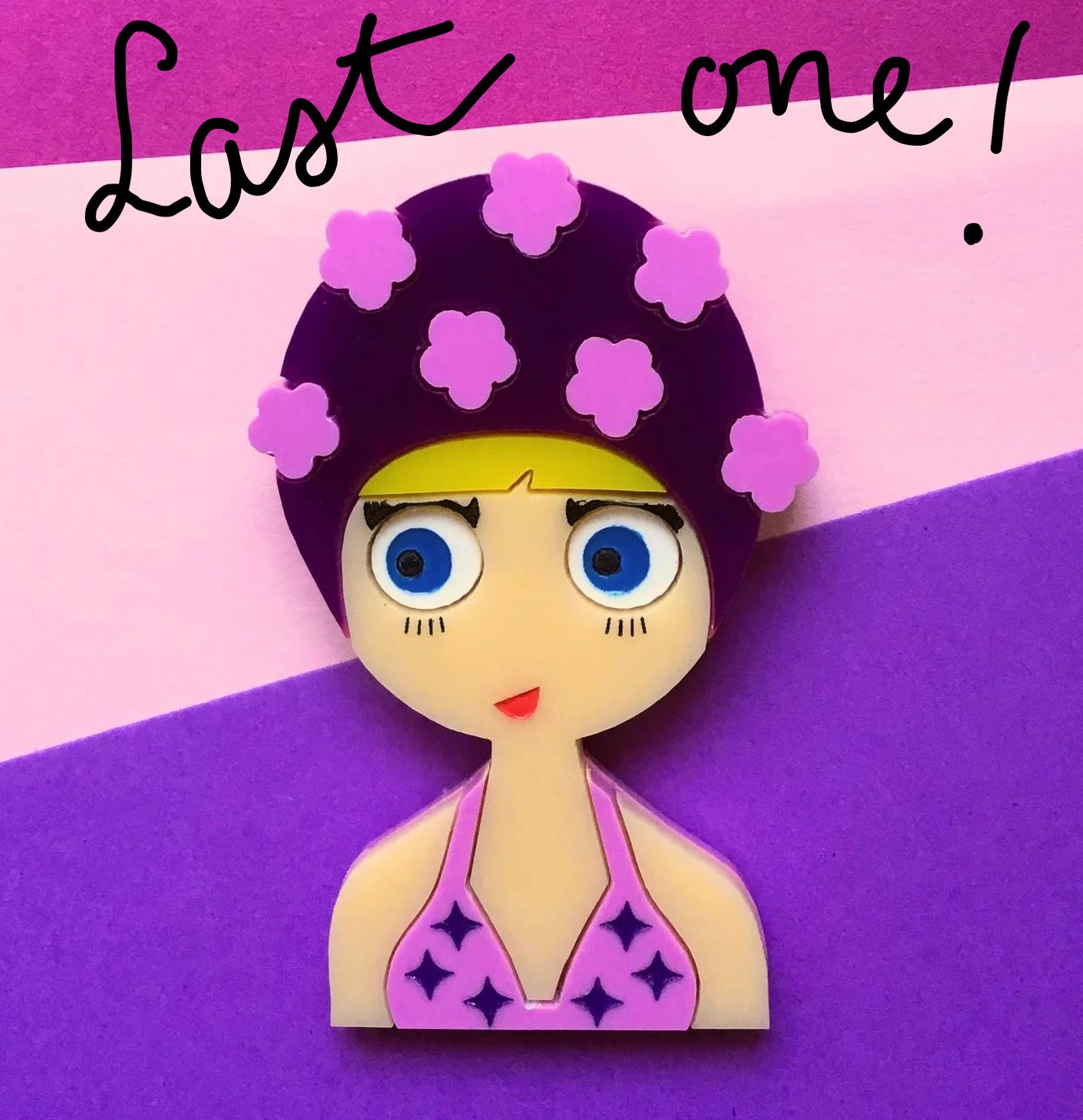 ESTHER Acrylic Brooch - July Limited Edition - Girl with purple bikini and flowers bathing cap - Isa Duval