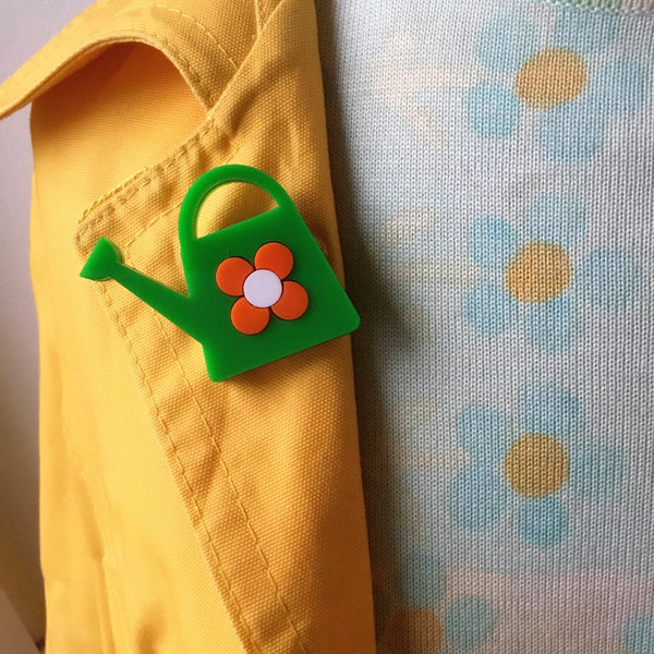 WATERING CAN Acrylic Brooch, Green With an Orange Flower 🌱 🌼 - Isa Duval