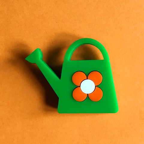 WATERING CAN Acrylic Brooch, Green With an Orange Flower 🌱 🌼 - Isa Duval