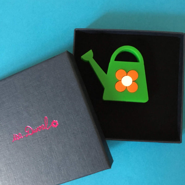 WATERING CAN Acrylic Brooch, Green With an Orange Flower 🌱 🌼 - Isa Duval